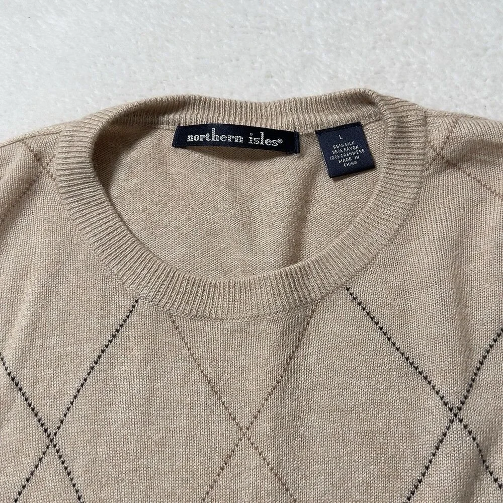 Northern Isles Silk Cashmere Argyle Sweater Mens Sz L Crew Neck‎ Long Sleeve